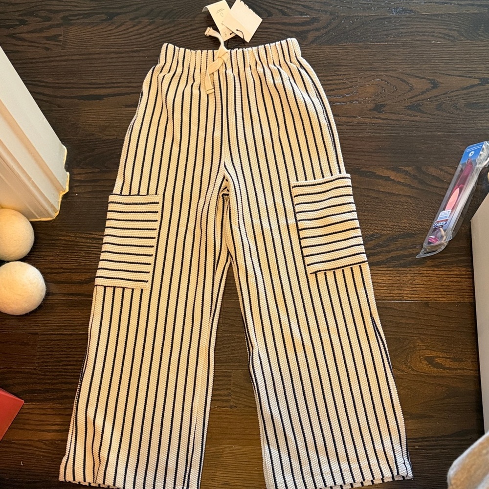 Size 9 Zara Cream and Black/ blue Striped Knit Cargo Pants